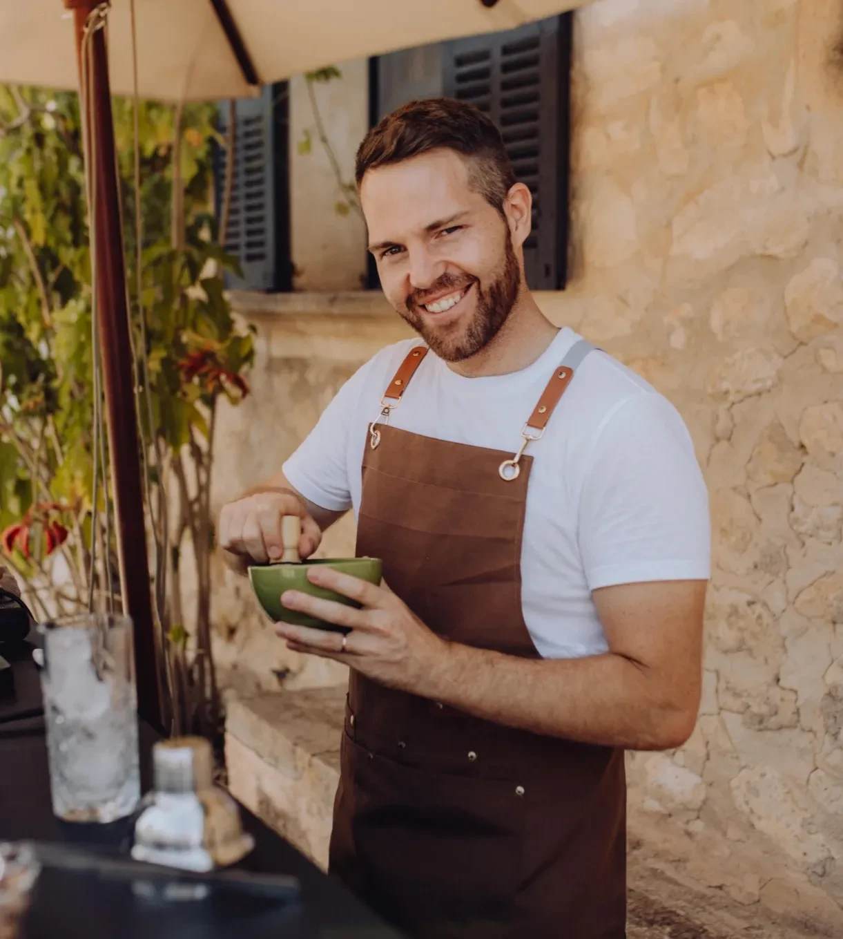 Mobile coffee cart serving specialty coffee at a beautiful Mallorca wedding.