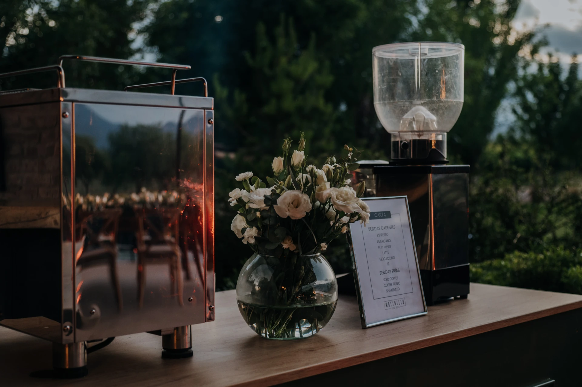 Mobile coffee cart serving specialty coffee at a beautiful Mallorca wedding.