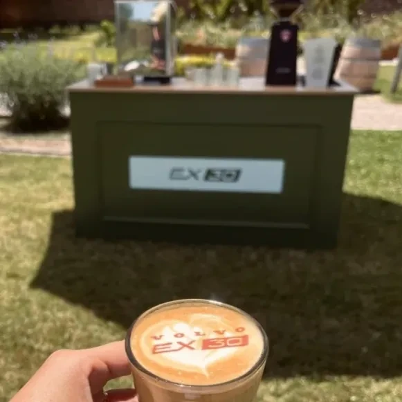 Mobile coffee cart serving specialty coffee at a beautiful Mallorca wedding.