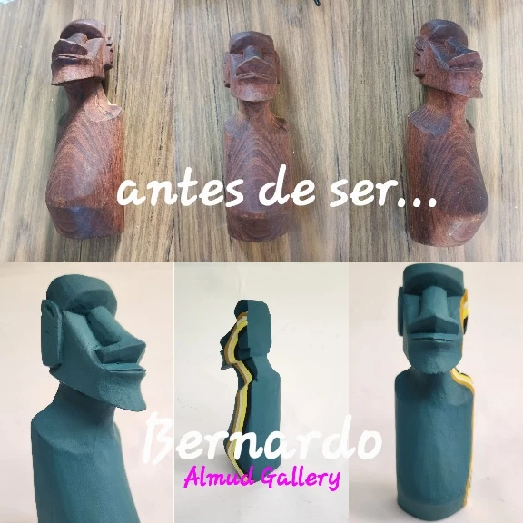 Gregorio, una máscara rescatada y transformada por AlmudGallery. Antes: rústica y opaca; Después: vibrante en amarillo con un diseño moderno y llamativo.