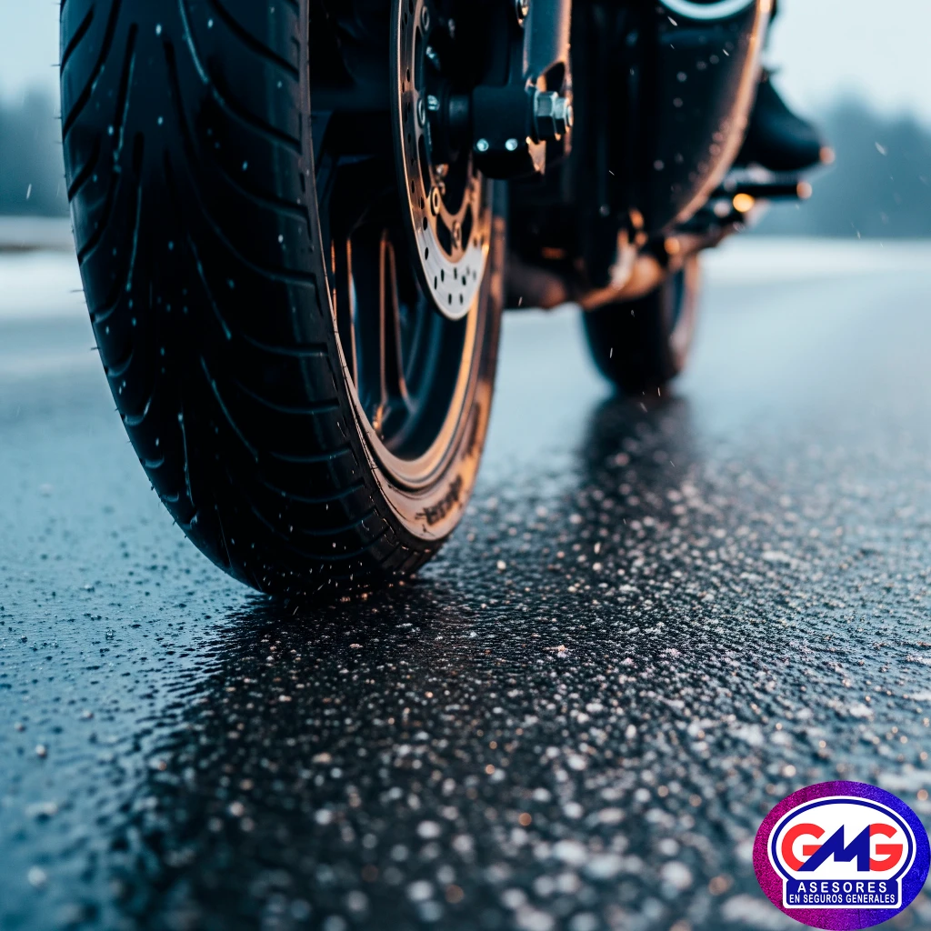 Descubre la belleza y los retos de conducir en invierno en la Patagonia. Un primer plano de una rueda de moto sobre asfalto mojado que captura la esencia del agarre y la aventura invernal.