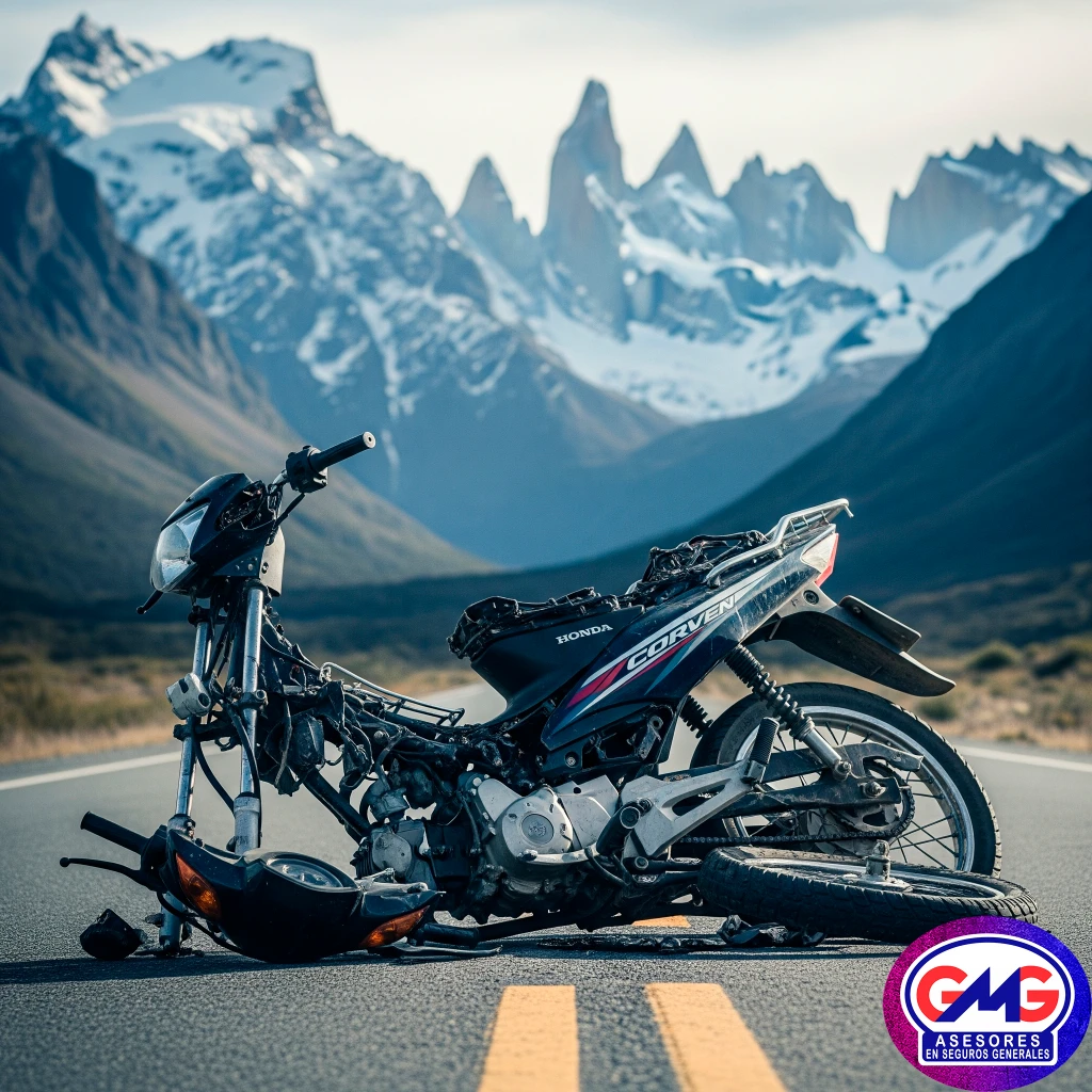 Una motocicleta destrozada yace en una solitaria ruta de la Patagonia argentina, con imponentes montañas nevadas de fondo. La luz fría y dramática realza la escena, transmitiendo una profunda sensación de vulnerabilidad y la cruda realidad de un accidente en un entorno majestuoso pero implacable.