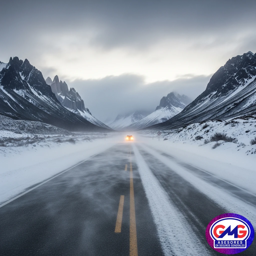 Una camioneta avanza entre montañas nevadas y viento blanco en plena Ruta de la Patagonia, desafiando el invierno extremo. Viajar seguro en estas condiciones requiere preparación y el respaldo de un buen seguro automotor. Imagen épica que refleja la dureza y belleza del sur argentino.