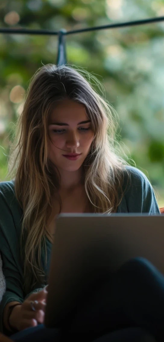 Mujer de cabello largo y rubio en una hamaca con una notebook trabajando remoto.