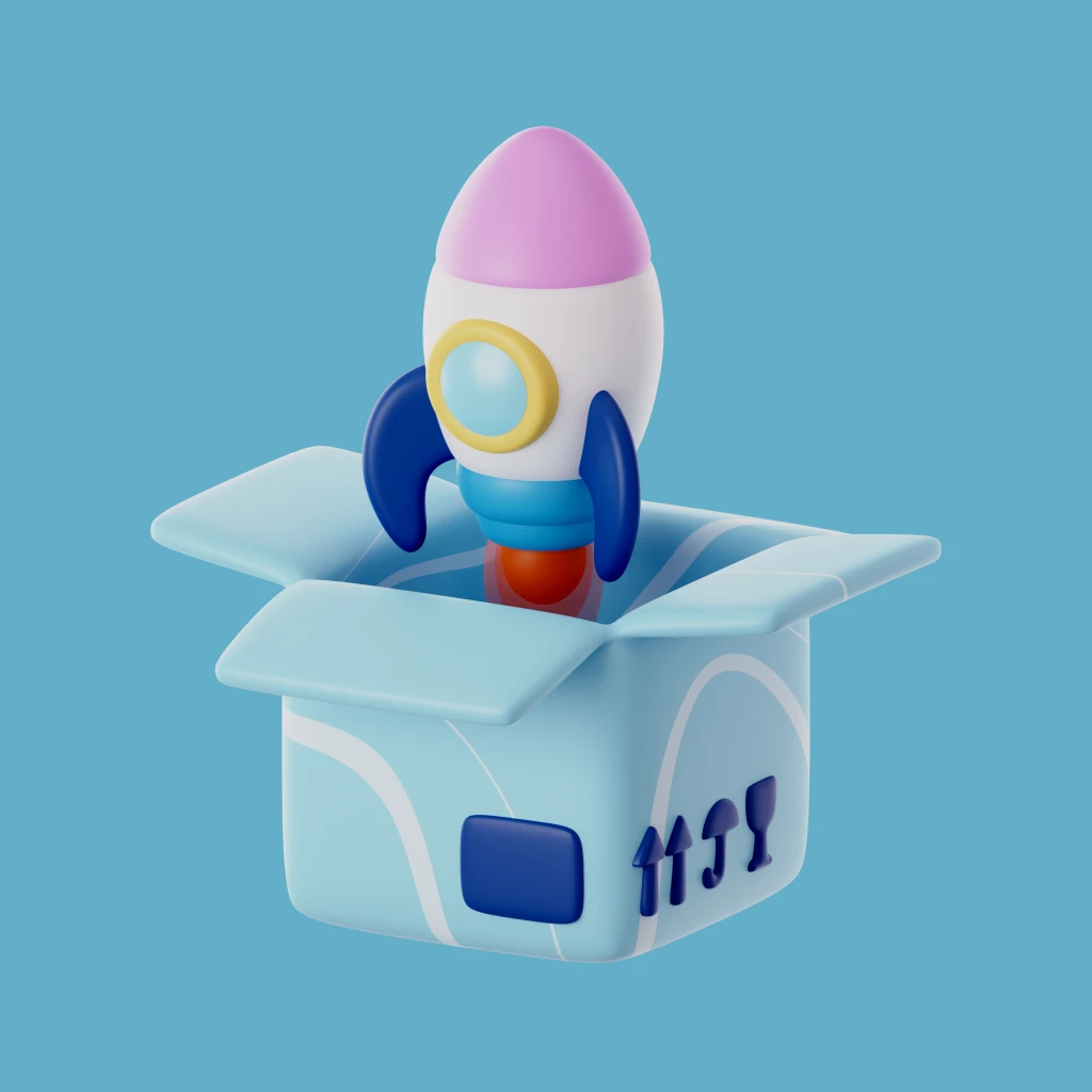 Cohete despegando de caja en 3d tonos pastel