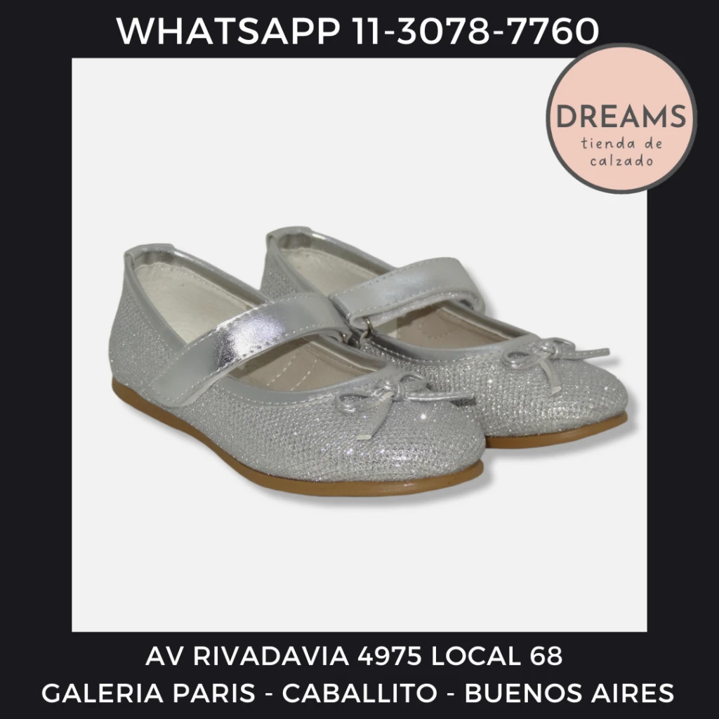 Zapatos para nena de fiesta chatitas glitter brillo plateado Dreams Calzado Caballito Av Rivadavia 4975 local 68 Galeria Paris