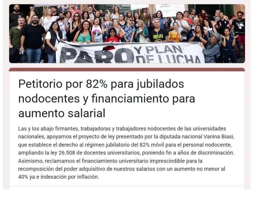 Ir al formulario para firmar el petitorio del 82% móvil nodocente