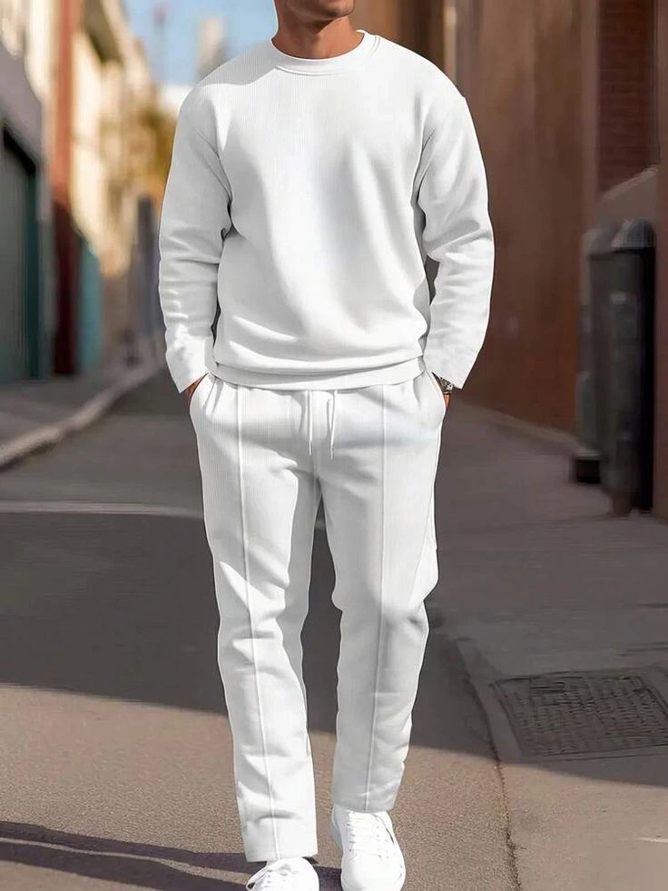 ManfinityHommeMensSolidColorT-ShirtAndDrawstringWaistLongPantsSetGoingOut.webp